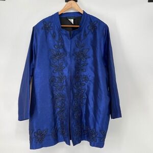 Ulla Popken Blue Embellished Floral Button Front Jacket‎ Blazer Size 24/26 Boho